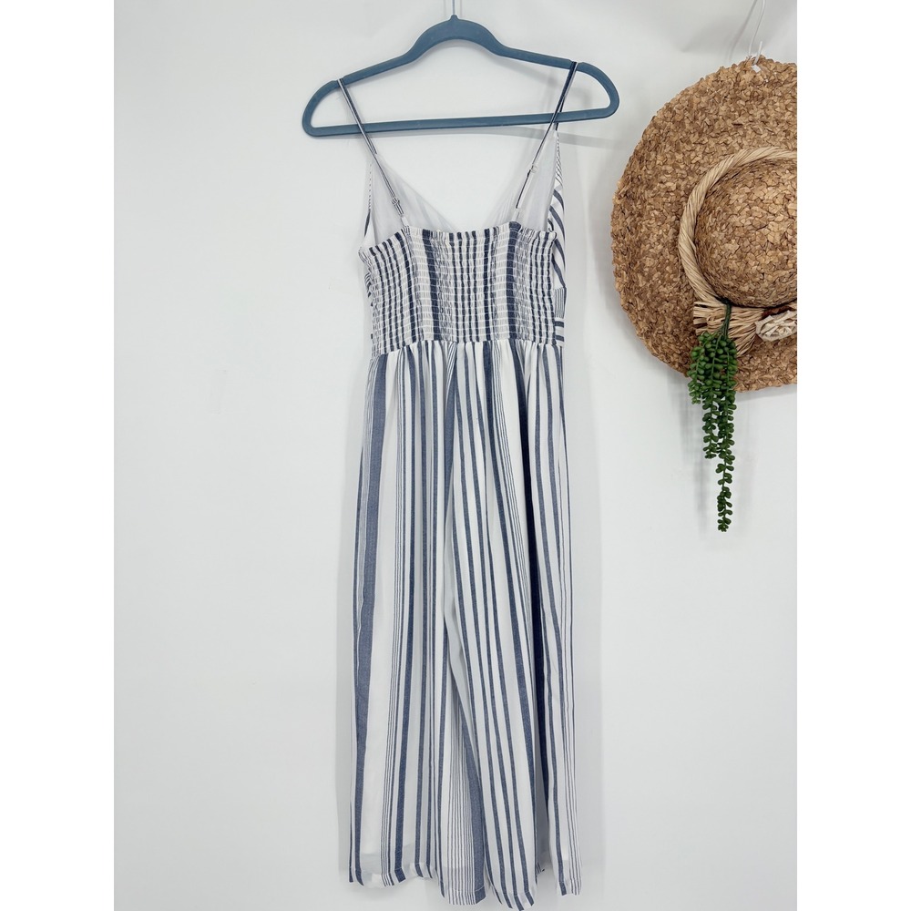 Japna Striped Jumpsuit Tie Front Smocked Cropped Jumpsuit Blue White Size XS - Picture 3 of 9